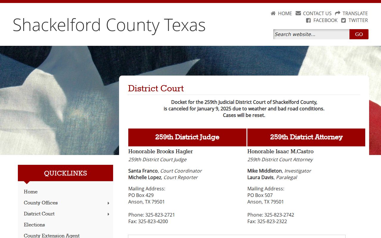 Official 259th Judicial District Court page for Shackelford County