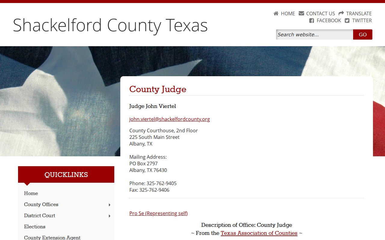 Official Shackelford County Judge page with county court contact details