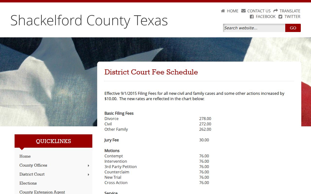 Shackelford County district court fee page with dated local amounts