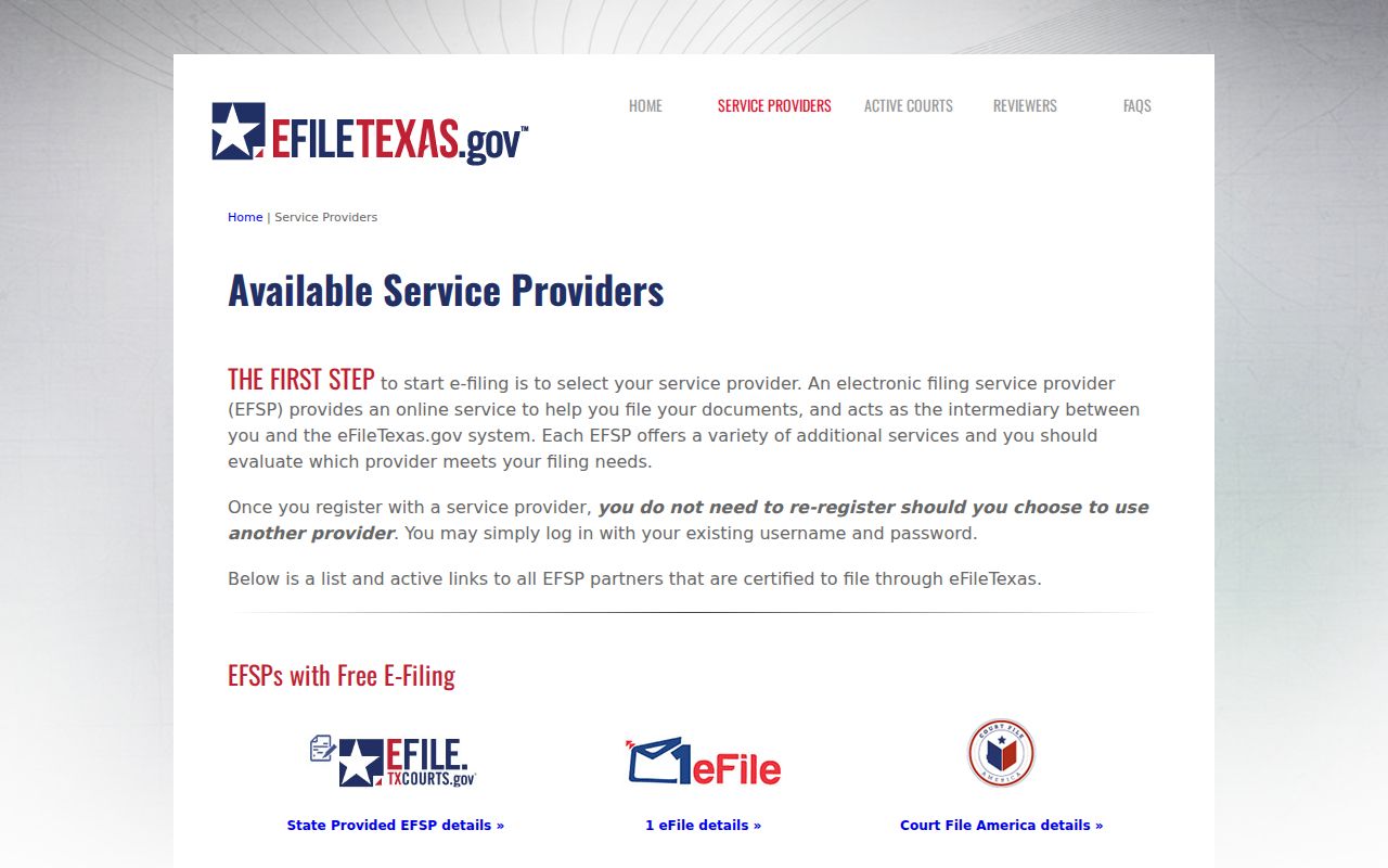 Official eFileTexas service provider page