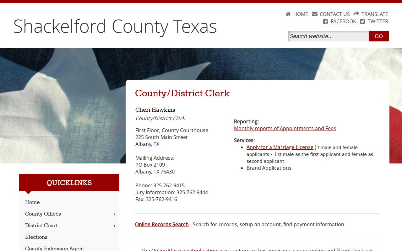 Official Shackelford County clerk page with records office details